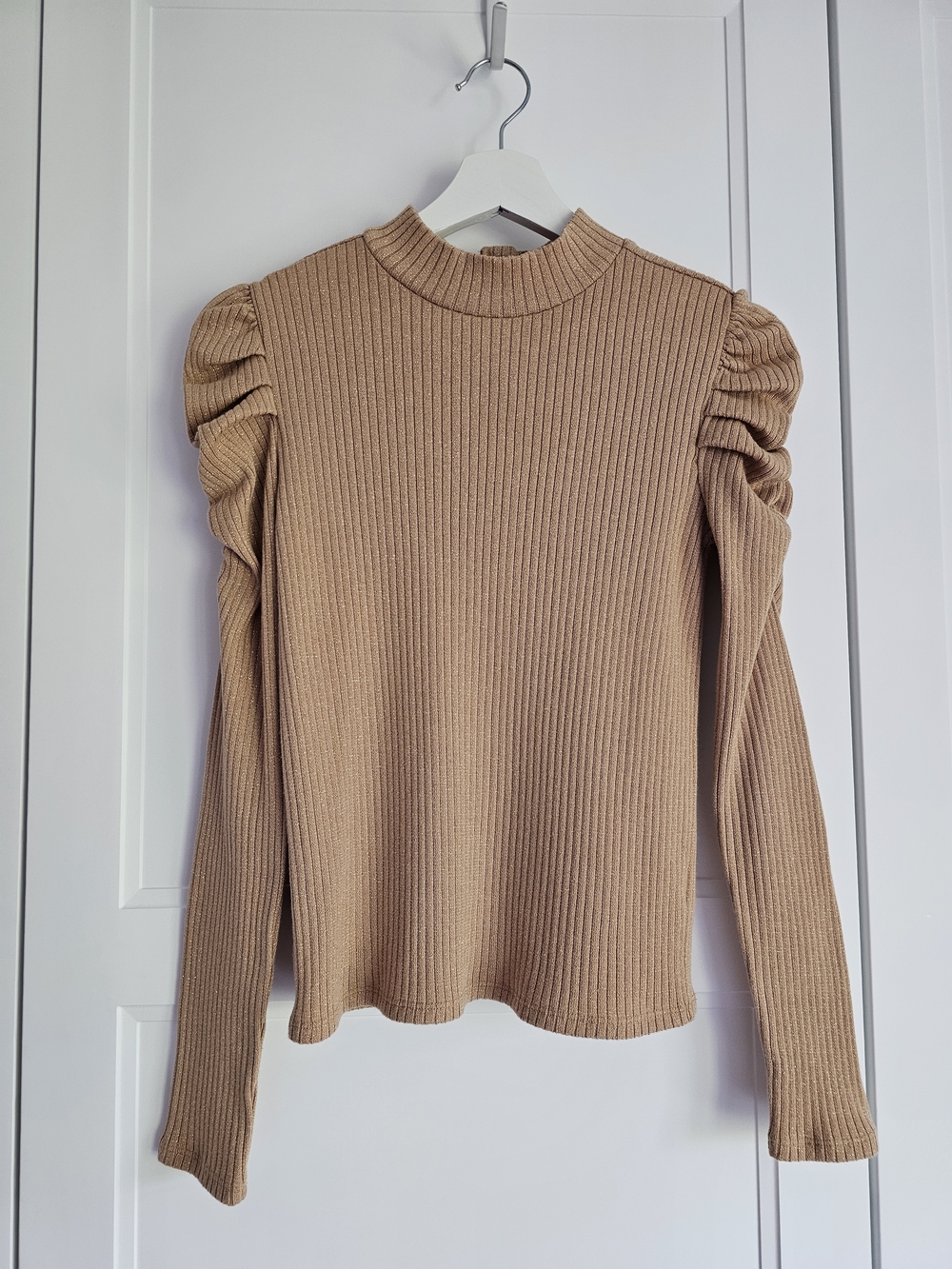 Janie and Jack Ribbed Puff-Sleeve Sweater Mock Neck Tan Top Size 14 Girls Teens